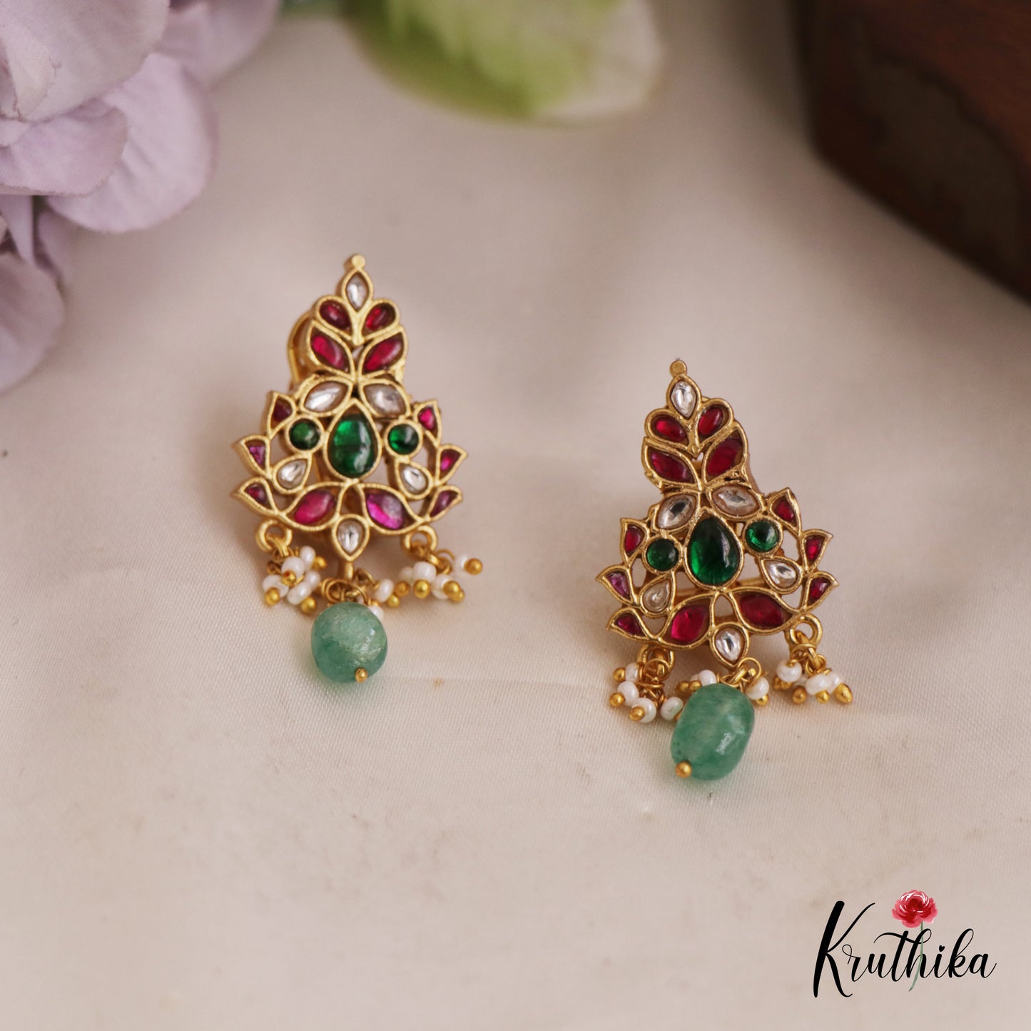 Stunning Leaf Motifs Jadau Stud Earrings With Green Bead Drops E968