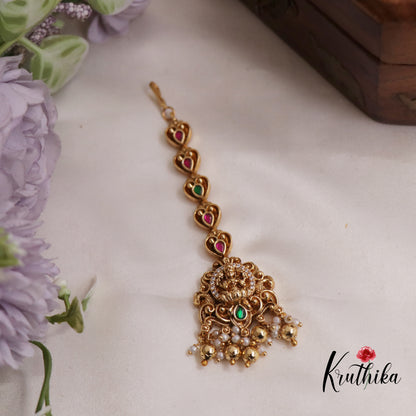 Beautiful Jadau Antique Lakshmi Maang Tikka With Pearl Drops MT293 (Available In 2 Colours)