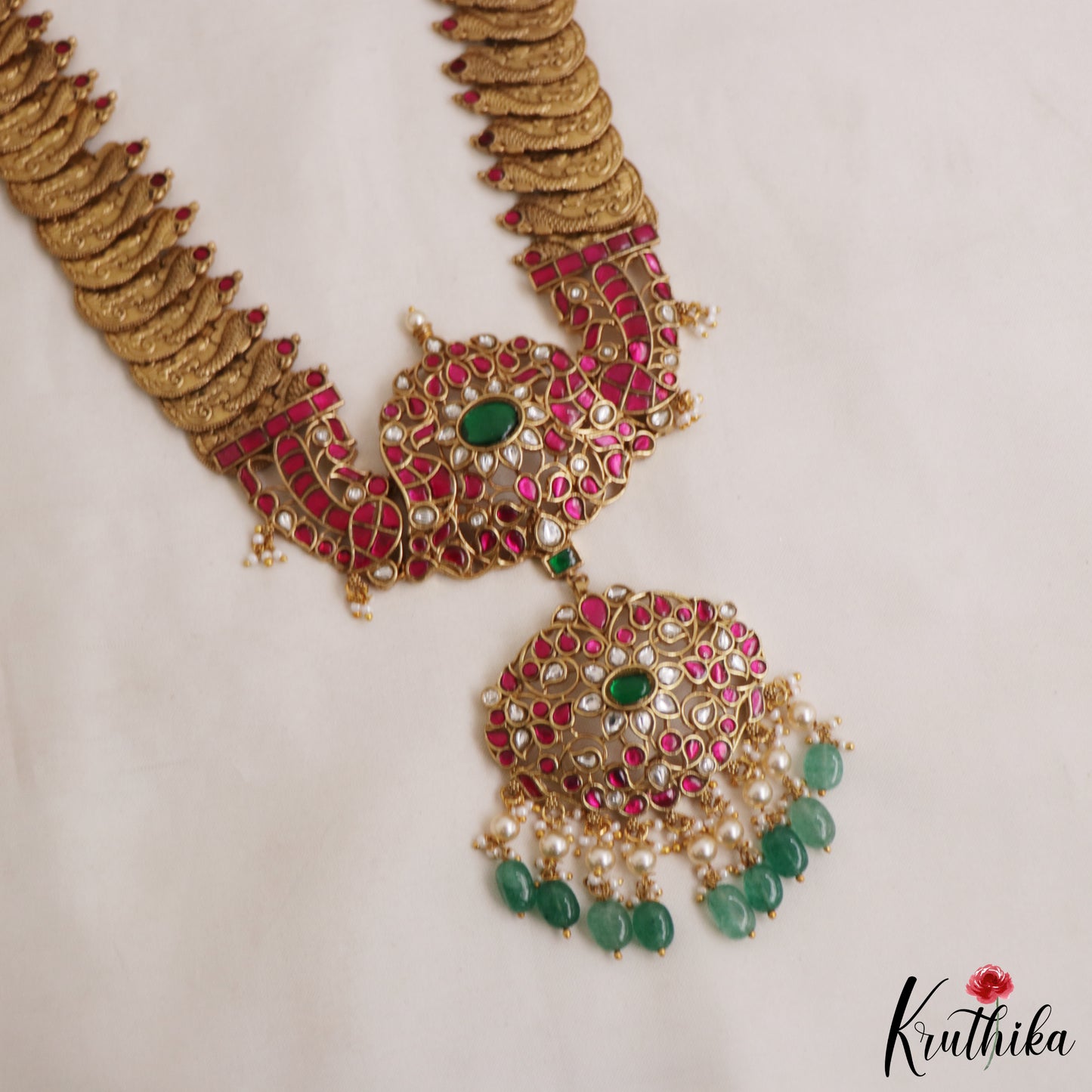 Gorgeous Floral Peacock Motifs Kasu Jadau Haaram With Green Bead Drops LH2106