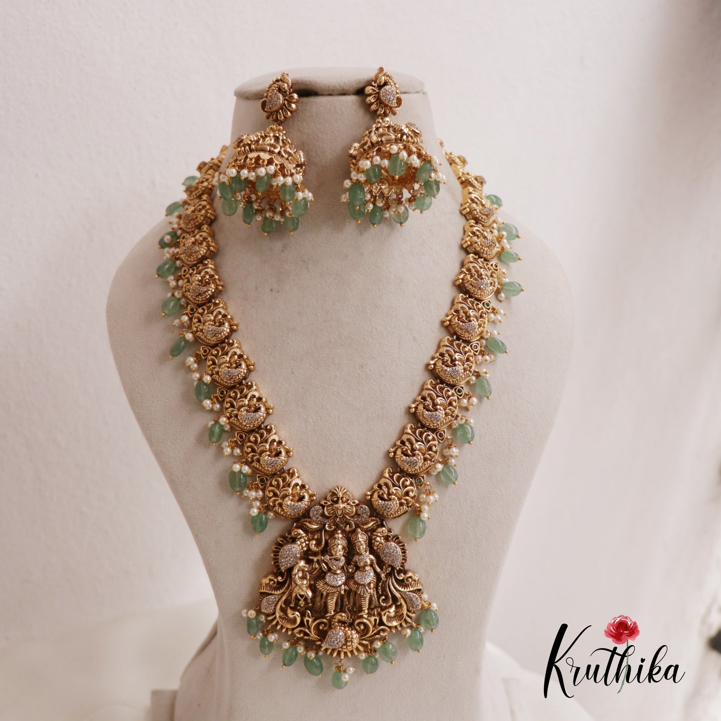 Premium Antique Nagas Radha Krishna Motifs Haaram With Pearl And Bead Drops LH2025