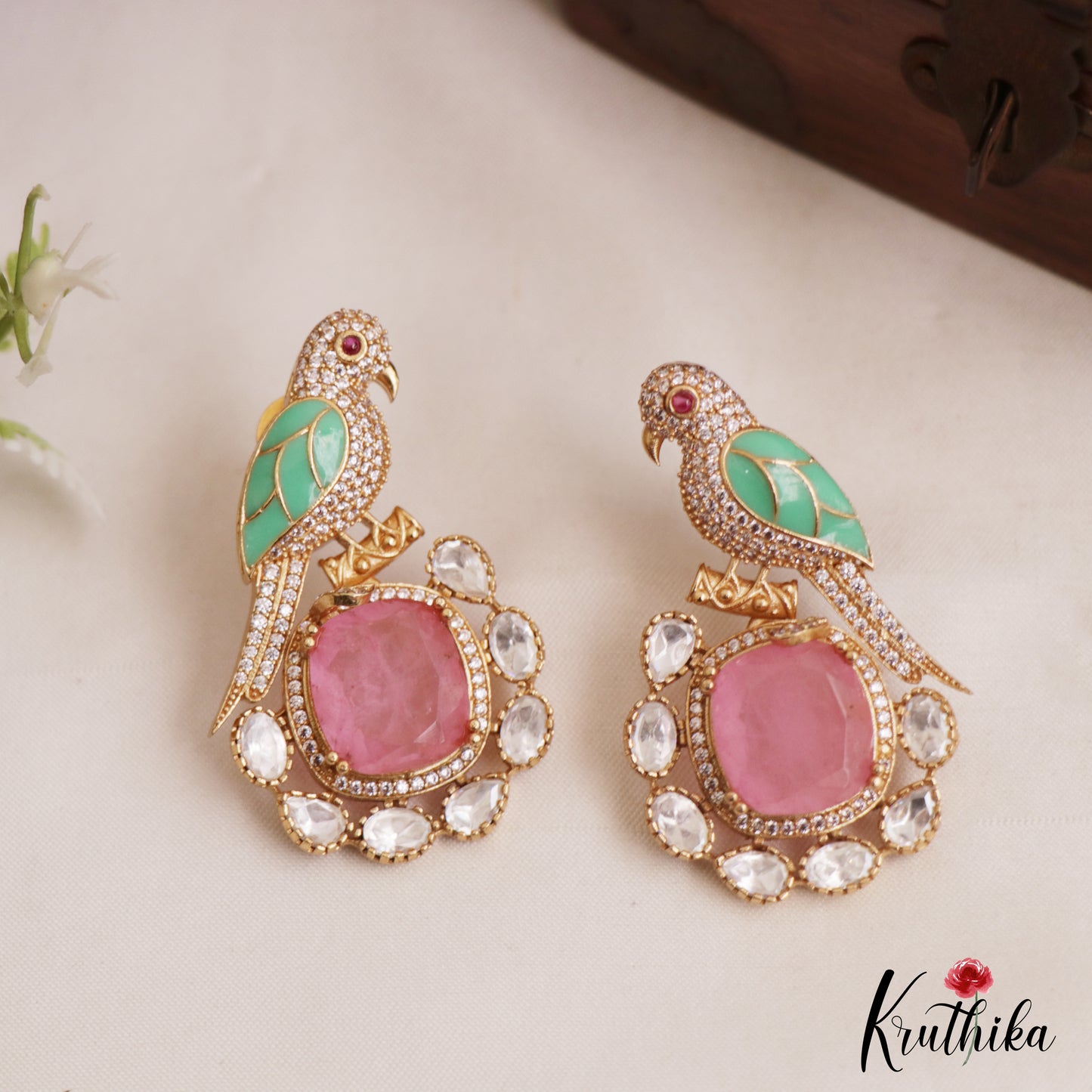 Gorgeous Parrot Motif Polki Victorian Stud Earrings E1099 (Available In 5 Colors)