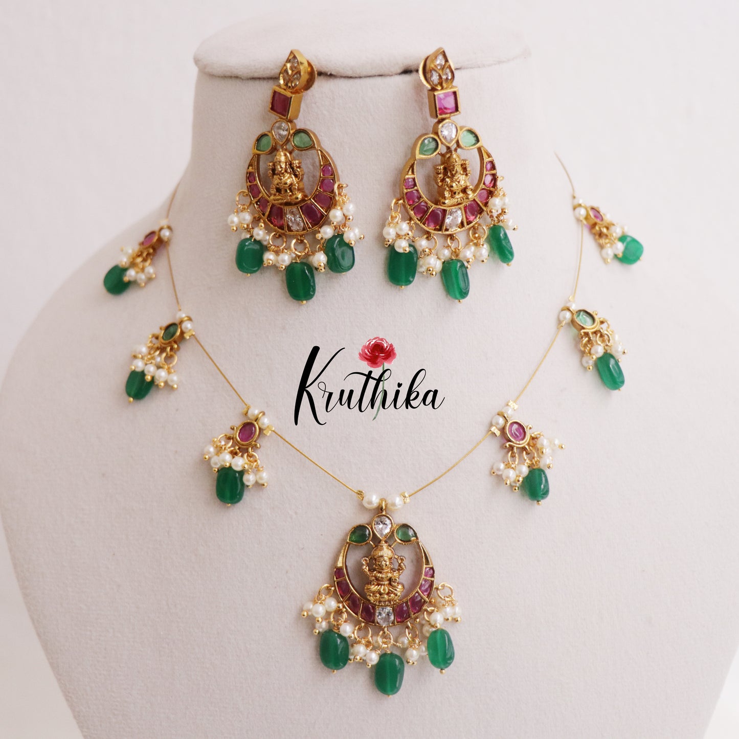 Beautiful Kemp Invisible Chain Chandbali Lakshmi Pendant With Green Beads Drop NC2306