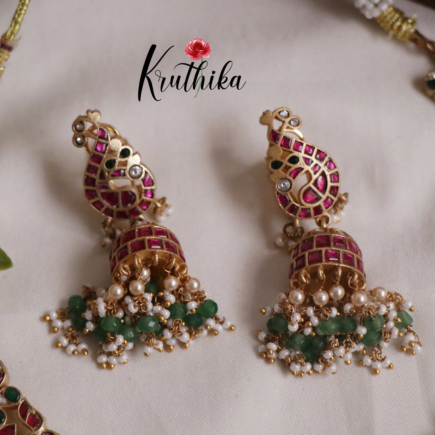 Grand Peacock Jadau Necklace with Pastel Green Drops NC2180