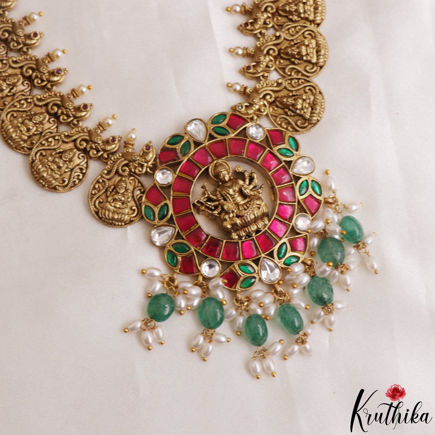Gorgeous Antique Nagas Peacock Motifs Lakshmi Kasu Necklace With Green Bead Drops NC3148