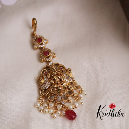 Beautiful CZ Lakshmi Peacock Maang Tikka with Pearl Drops MT271 (Available in 3 Colors)