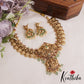Gorgeous Antique Nagas Lakshmi Motifs Kasu Necklace With Green Bead Drops NC2851