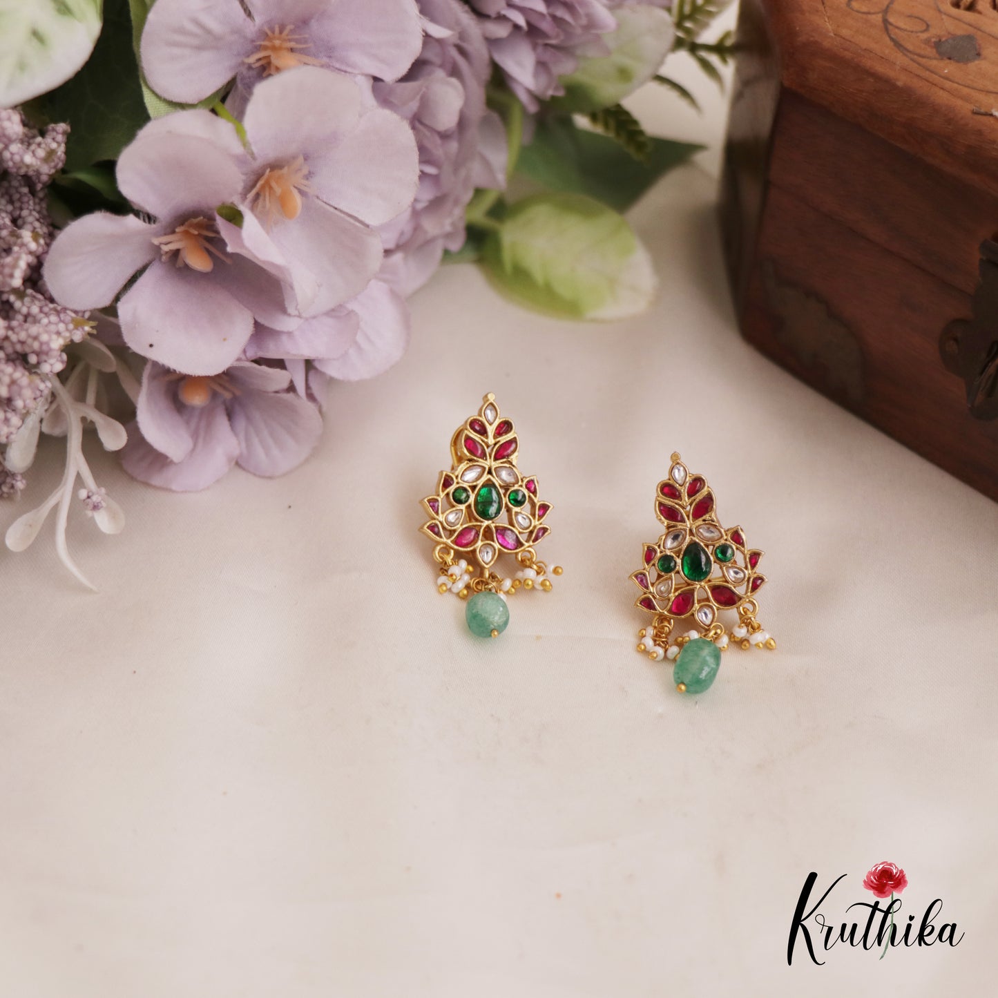 Stunning Leaf Motifs Jadau Stud Earrings With Green Bead Drops E968
