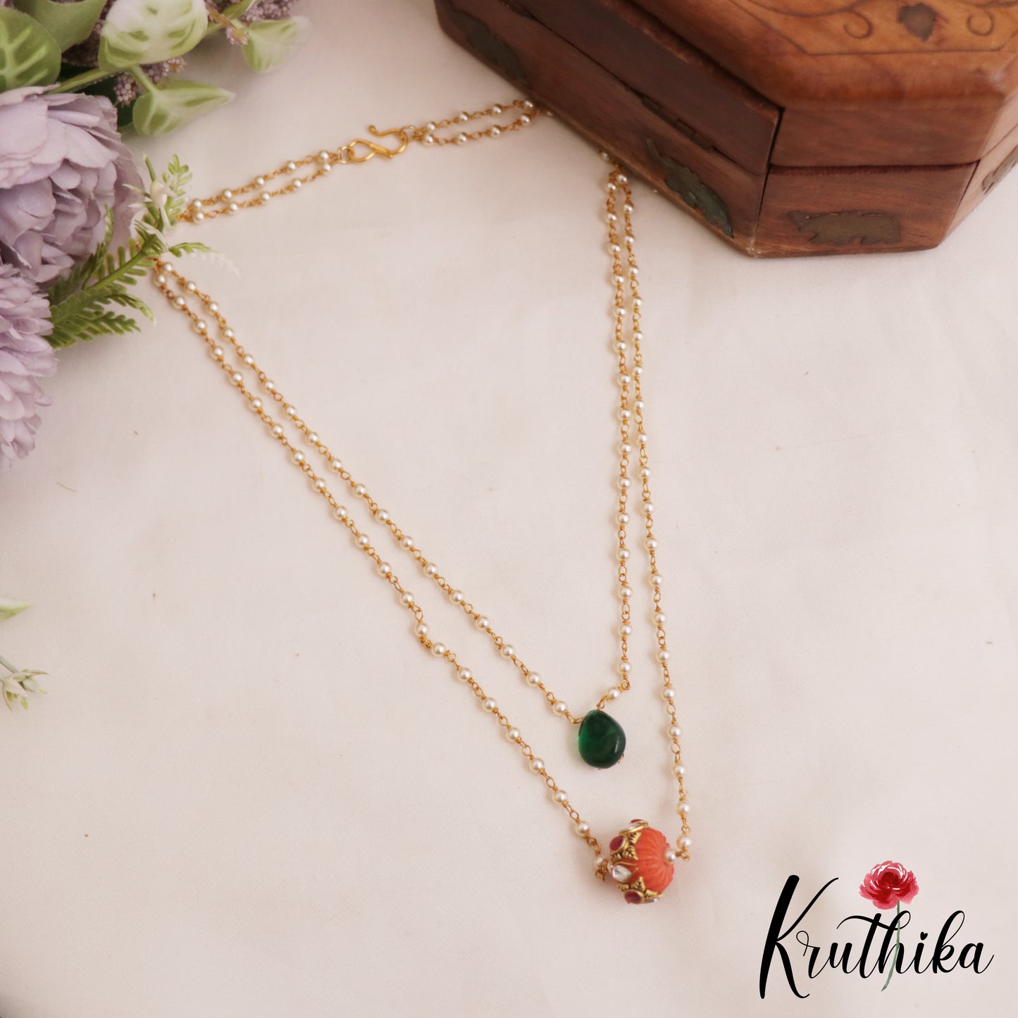 Simple Coral Bead Double Layered Pearl Chain NC2806