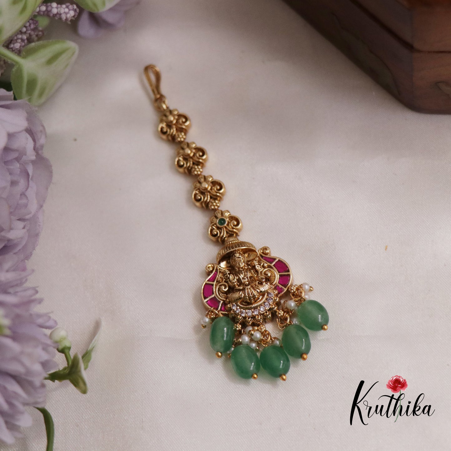 Classic Jadau Antique Lakshmi Maang Tikka With Pearl Drops MT303