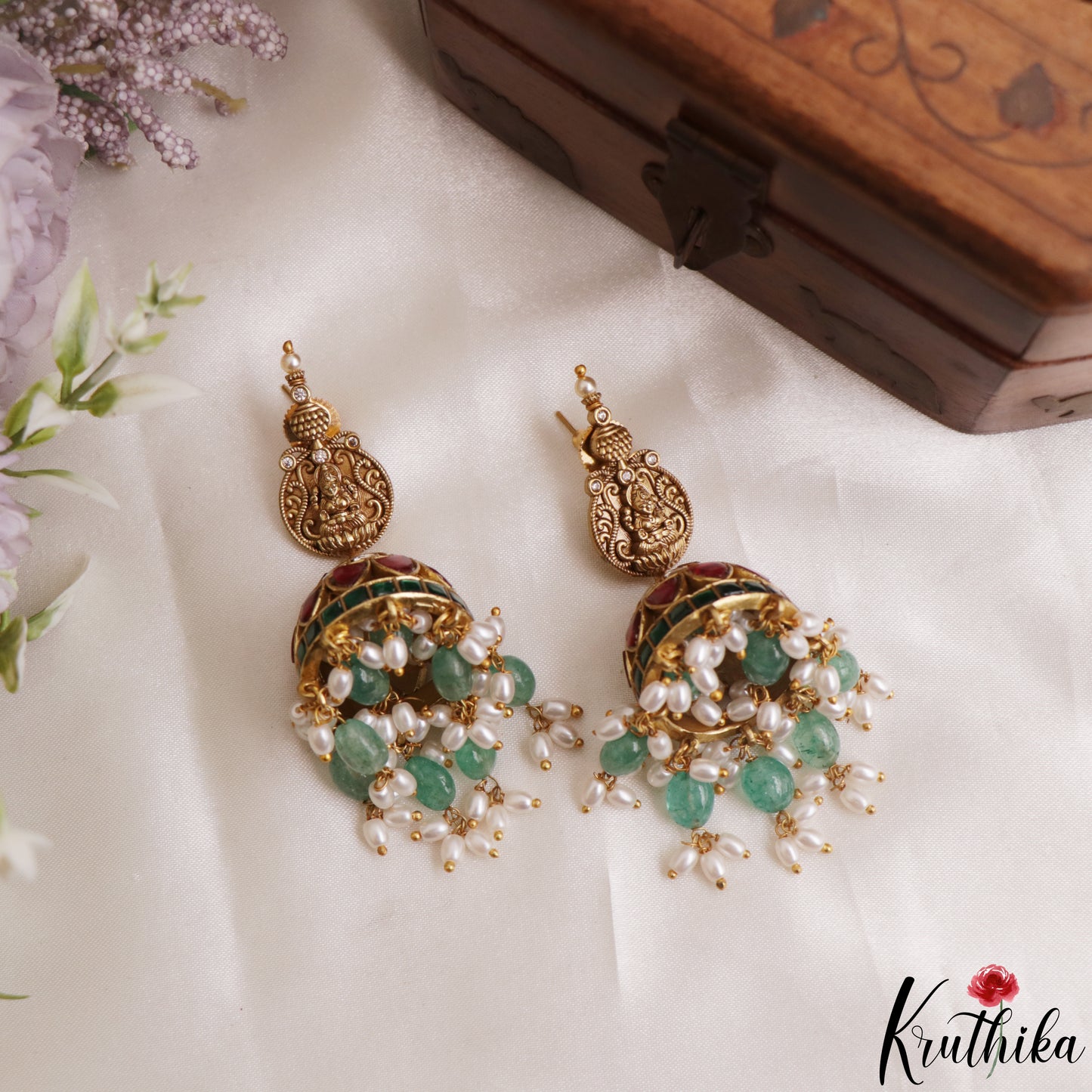 Gorgeous Antique Nagas Peacock Motifs Lakshmi Kasu Necklace With Green Bead Drops NC3148