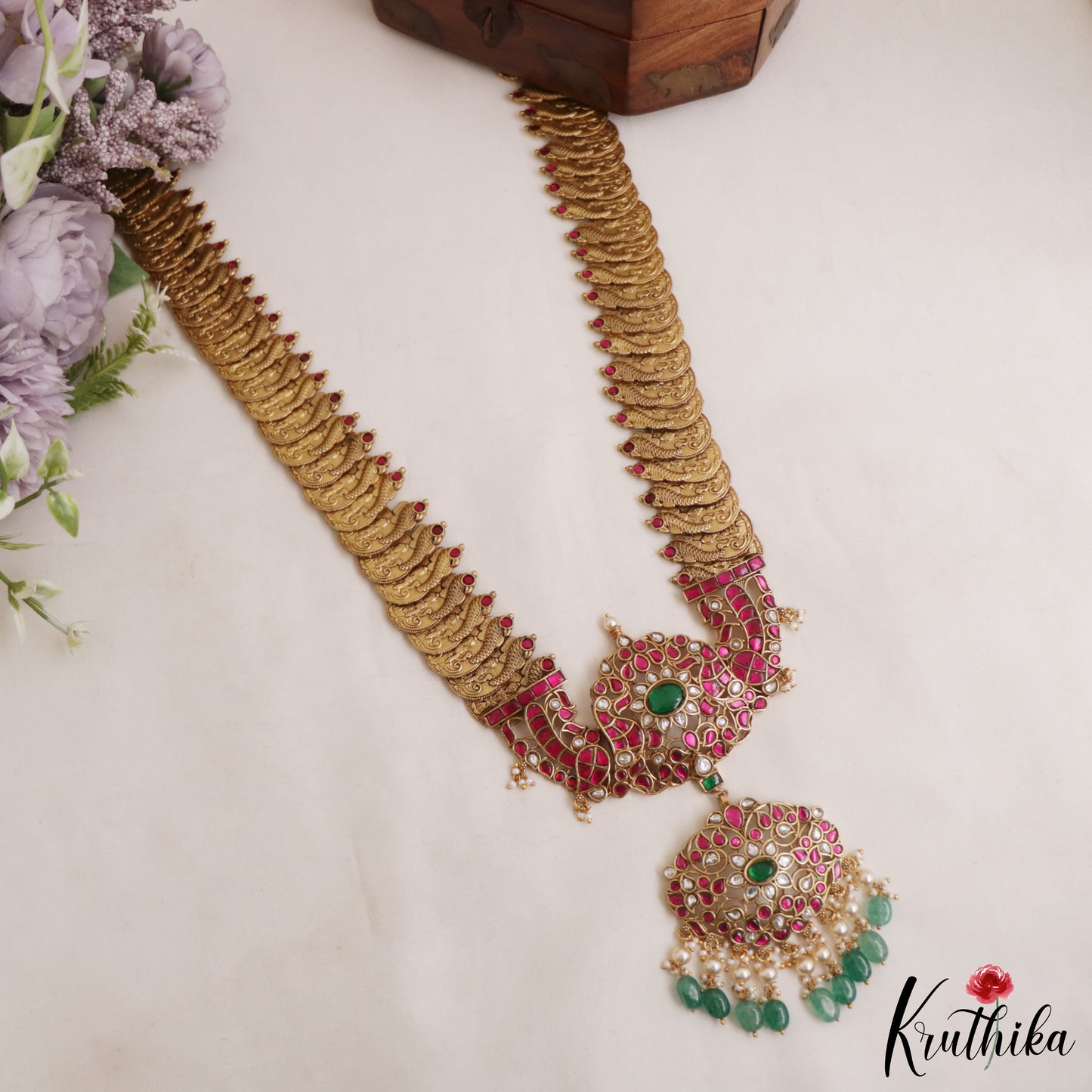 Gorgeous Floral Peacock Motifs Kasu Jadau Haaram With Green Bead Drops LH2106