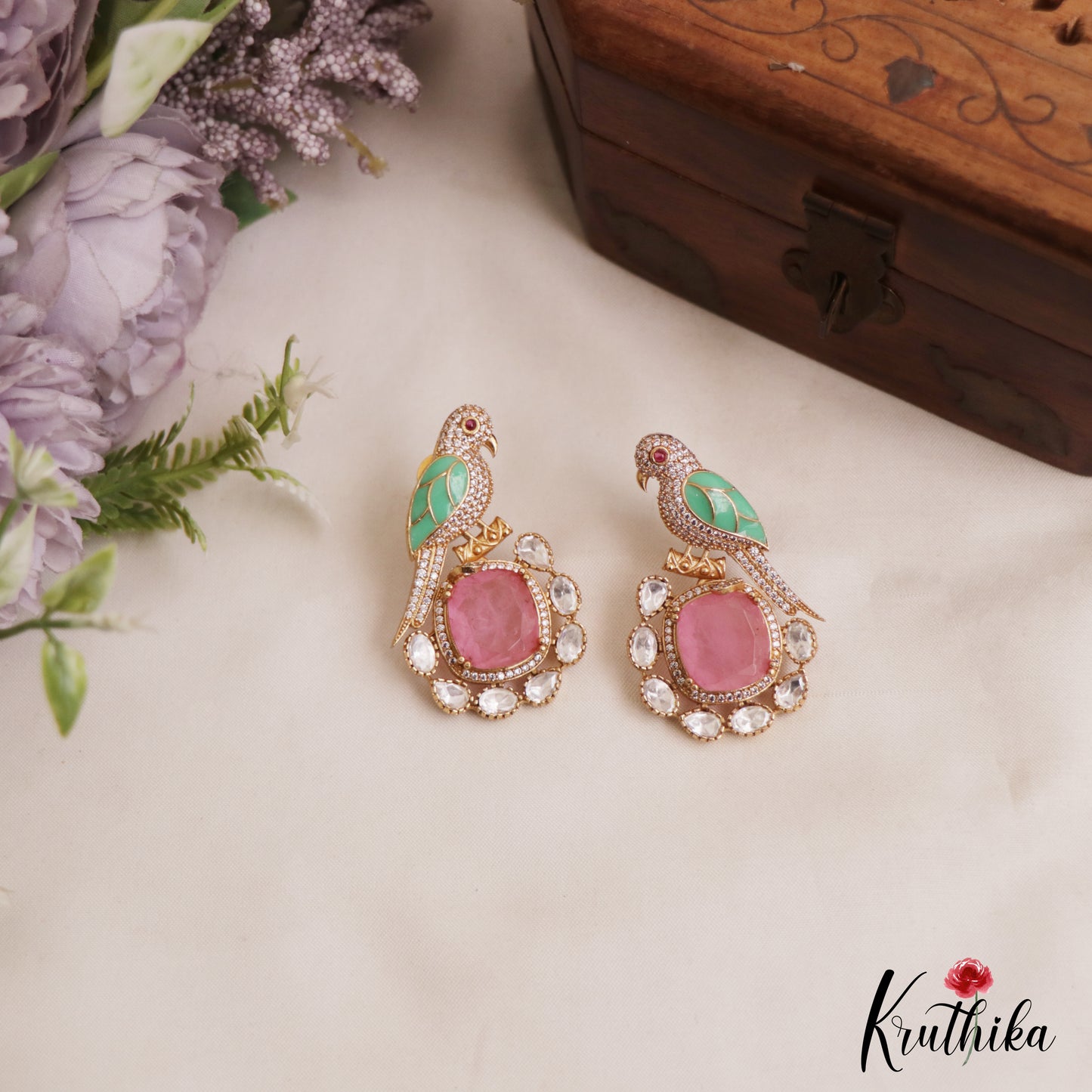 Gorgeous Parrot Motif Polki Victorian Stud Earrings E1099 (Available In 5 Colors)
