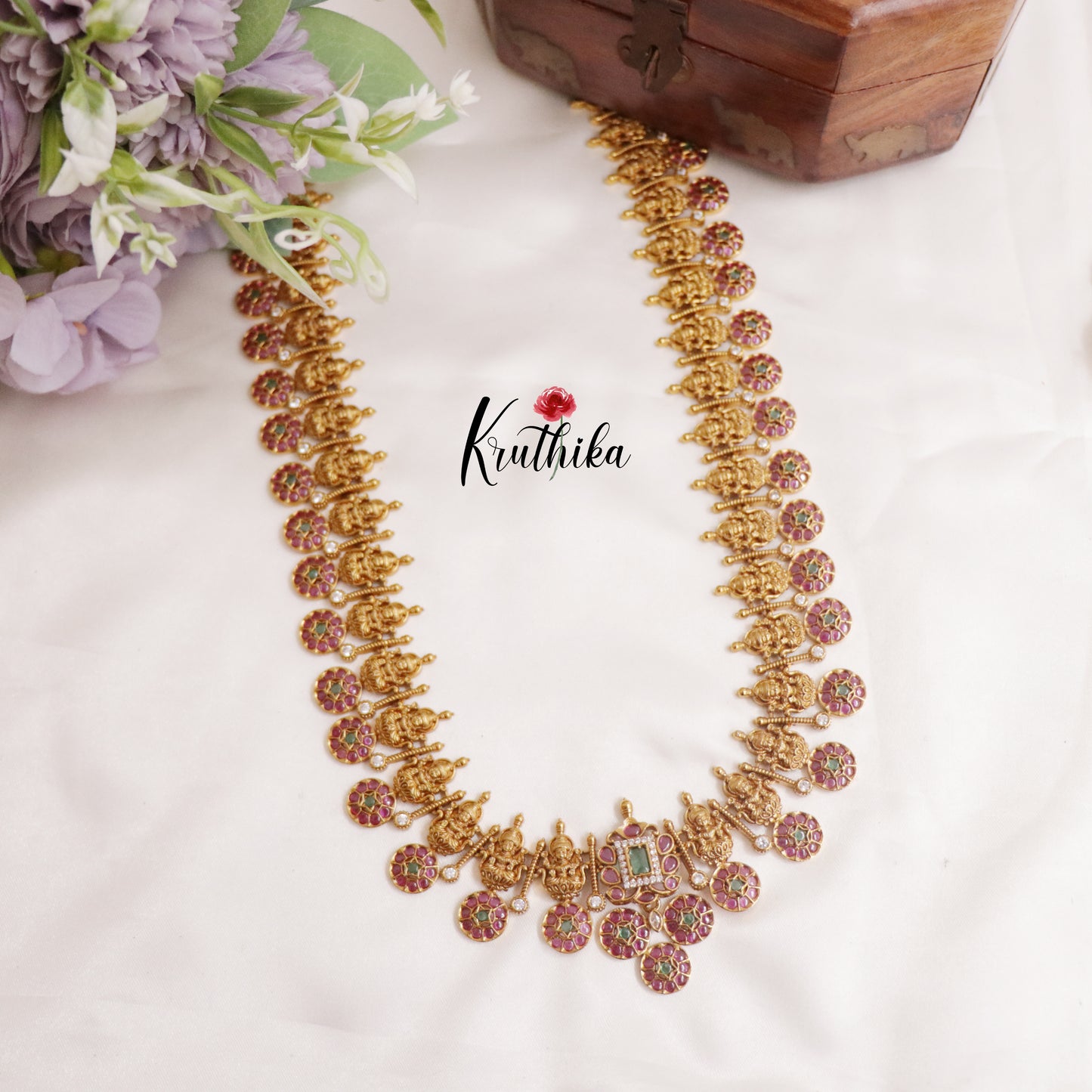 Beautiful Kemp Coin Lakshmi Haaram with Detachable Pendant Drops LH1953