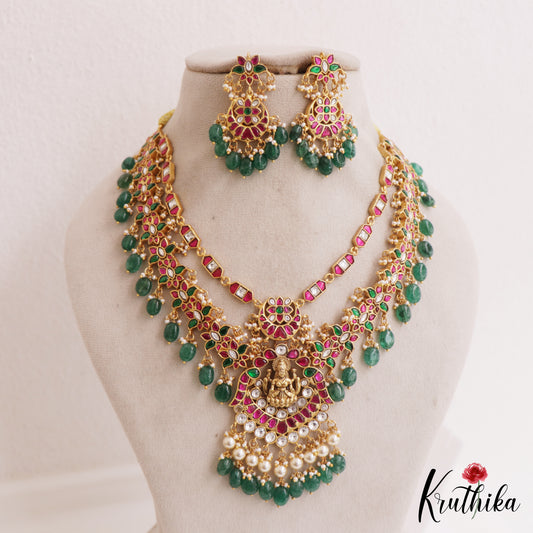 Gorgeous Lakshmi Floral Motifs Jadau Haaram With Green Bead Drops LH2064