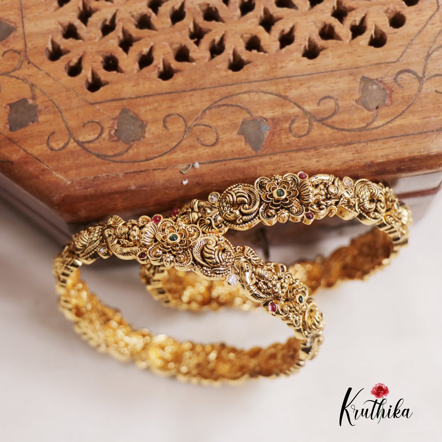 Premium Temple Lakshmi Peacock Bangles B344 (Set Of 2)