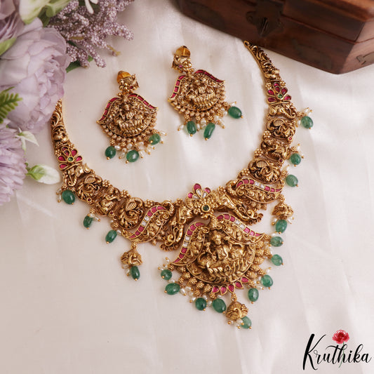 Stunning Antique Nagas Lakshmi Peacock Motifs Jadau Necklace With Green Bead Drops NC3176