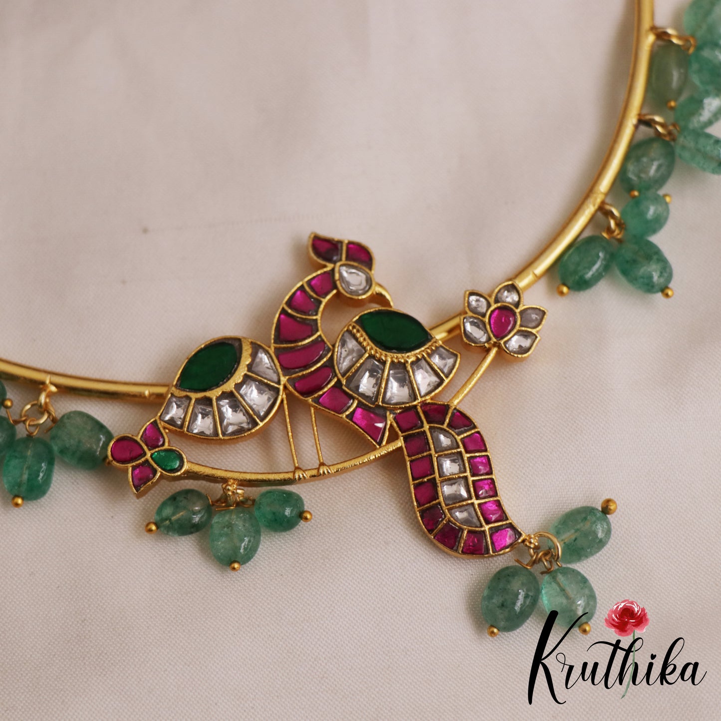 Beautiful Peacock Pendants Hasli Necklace With Green Bead Drops NC2960