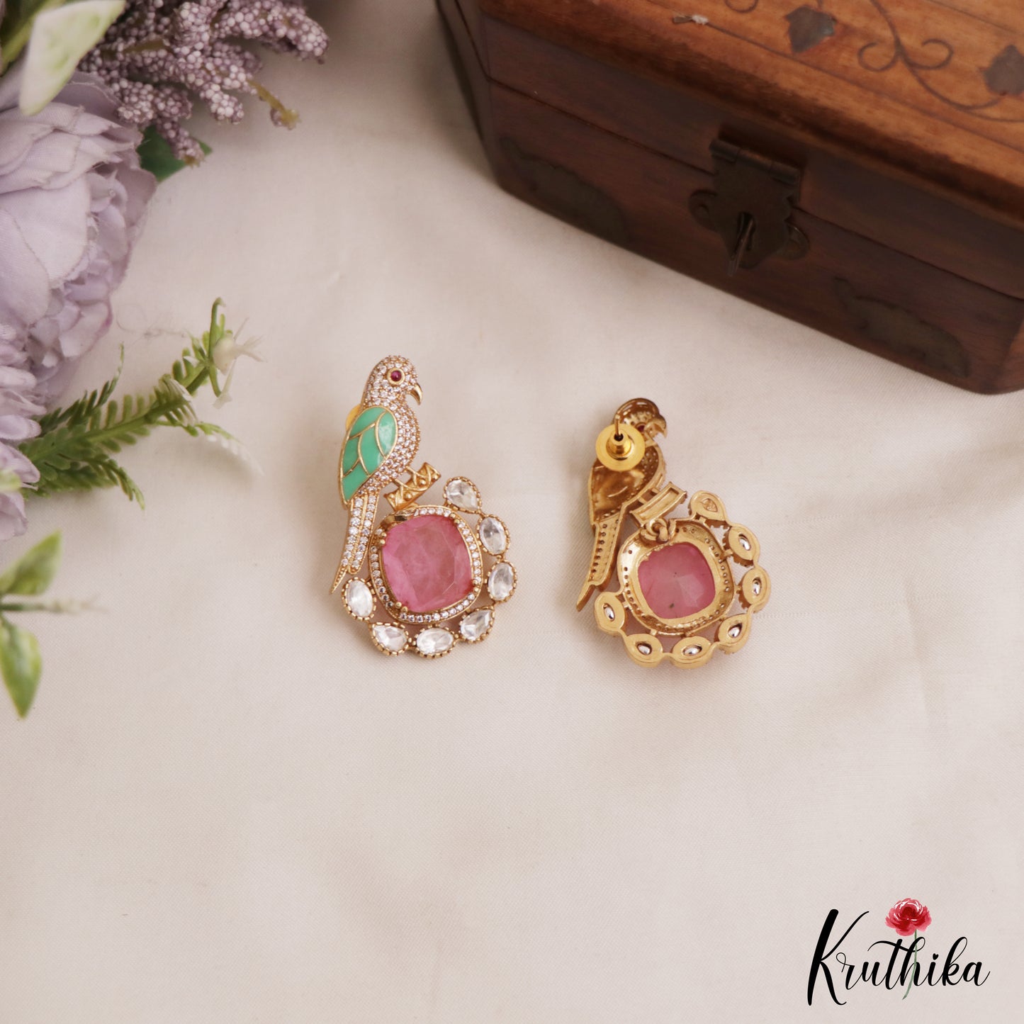 Gorgeous Parrot Motif Polki Victorian Stud Earrings E1099 (Available In 5 Colors)