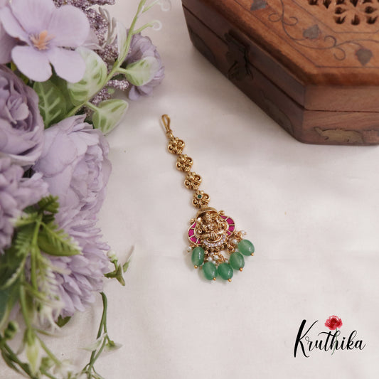 Classic Jadau Antique Lakshmi Maang Tikka With Pearl Drops MT303 (Available In 2 Colours)