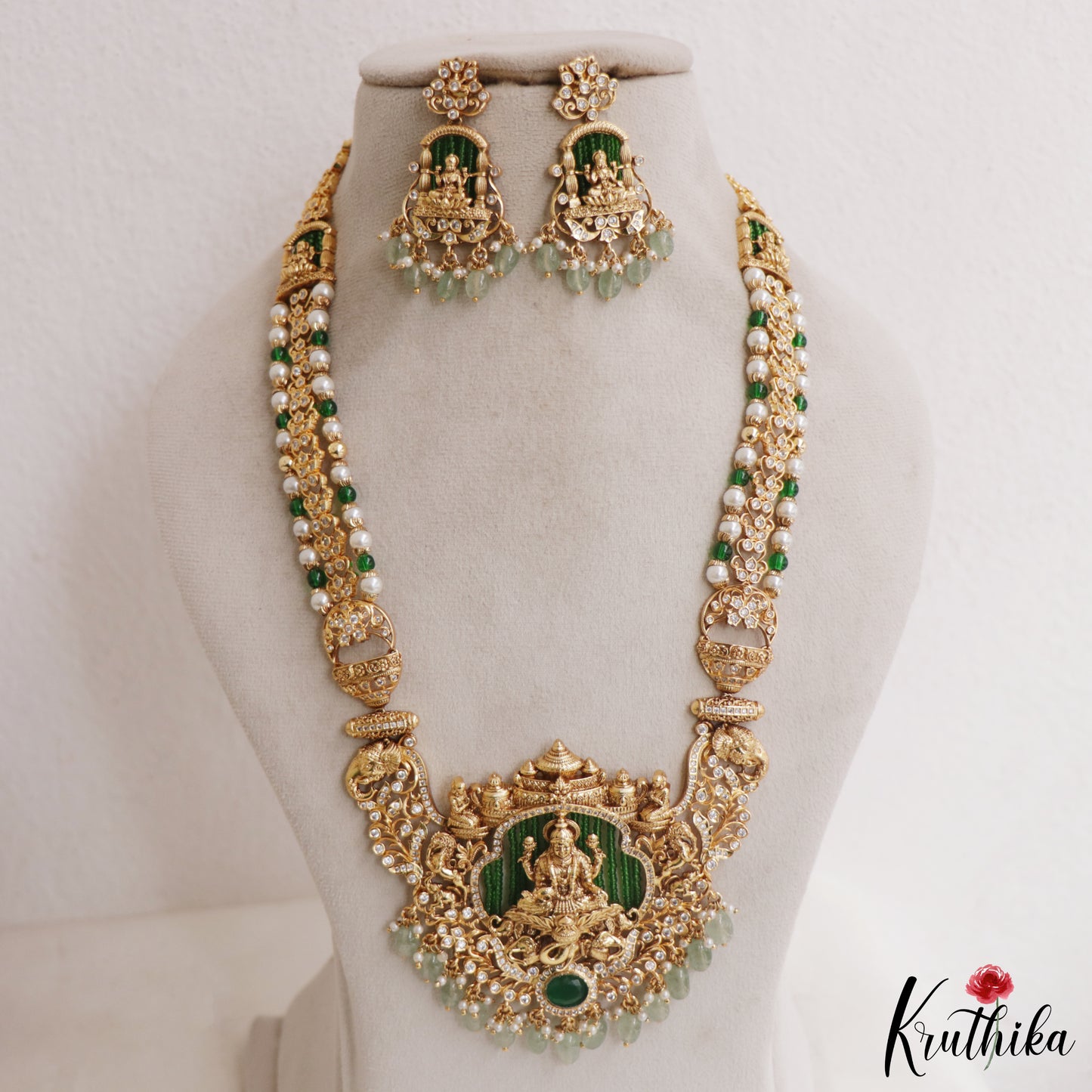 Premium Antique Lakshmi Motifs CZ Haaram With Mint Green Drops LH2105