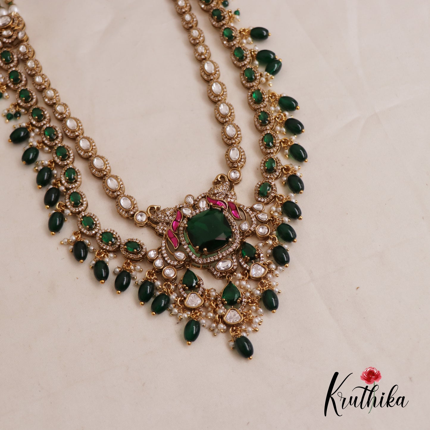 Gorgeous AD Peacock Multi Layer Victorian Haaram With Bead And Pearl Drops LH2023