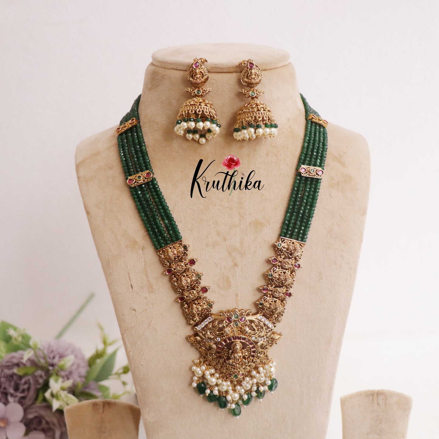 Premium Kemp Lakshmi Devi Pendant Beads Haaram LH1949