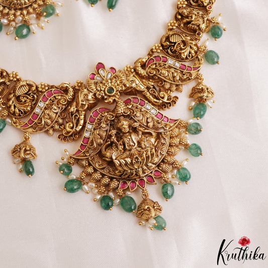 Stunning Antique Nagas Lakshmi Peacock Motifs Jadau Necklace With Green Bead Drops NC3176