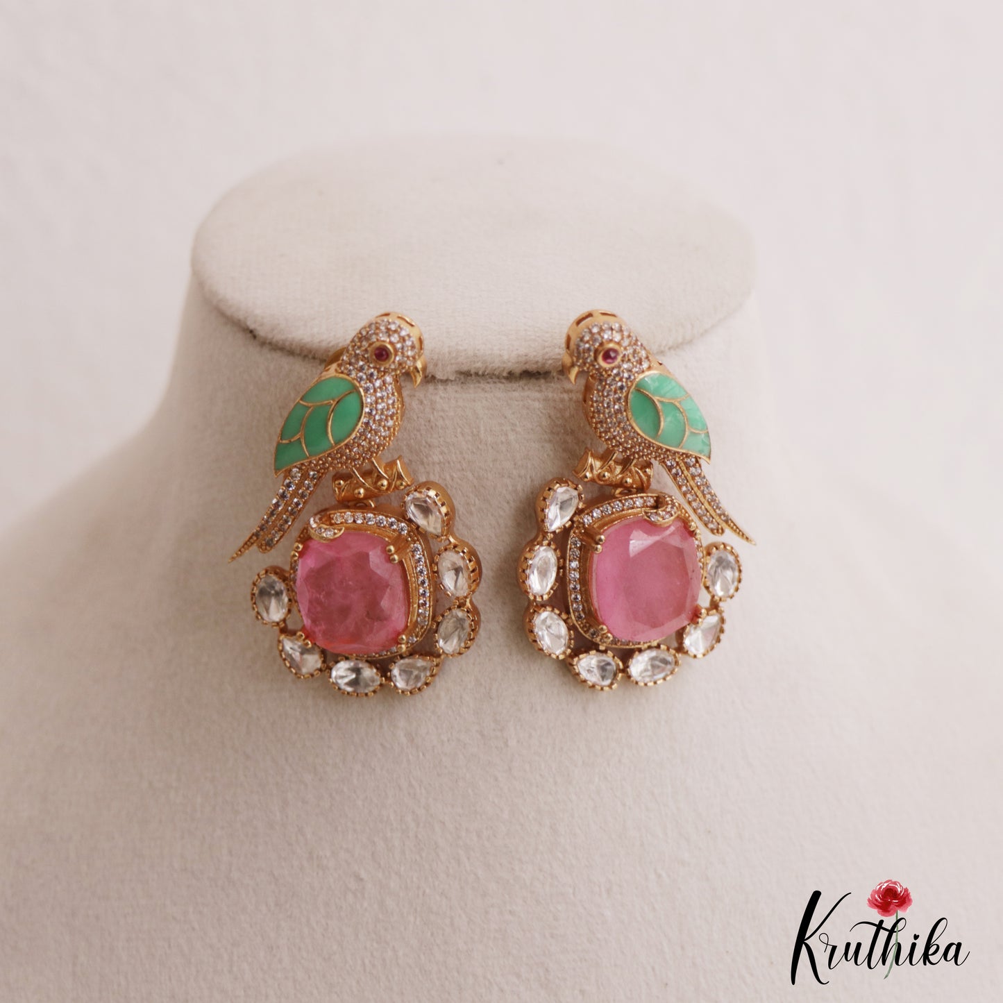Gorgeous Parrot Motif Polki Victorian Stud Earrings E1099 (Available In 5 Colors)
