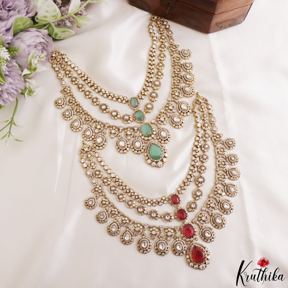 Sparkling Teardrop Motifs Multi Layered CZ Victorian Necklace NC3274 (Available In 5 Colors)