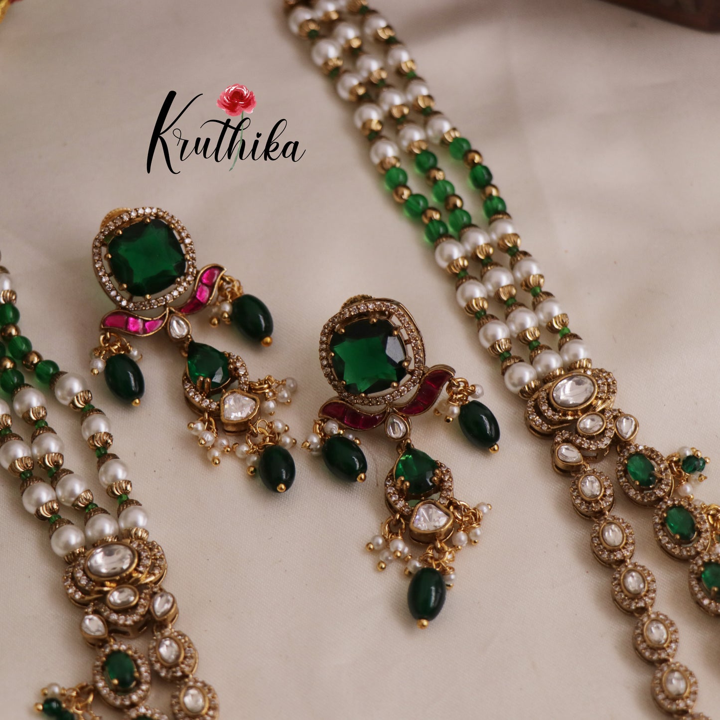 Gorgeous AD Peacock Multi Layer Victorian Haaram With Bead And Pearl Drops LH2023