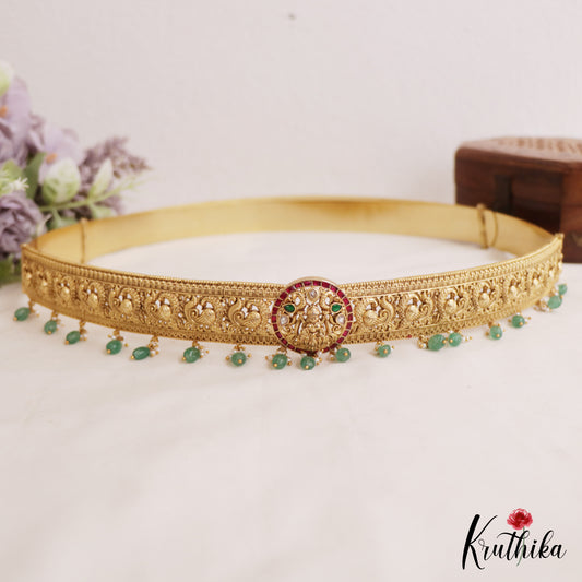 Stunning Antique Lakshmi Peacock Motifs Kemp Hip Belt With Bead Drops V353 (Available In 2 Colors)