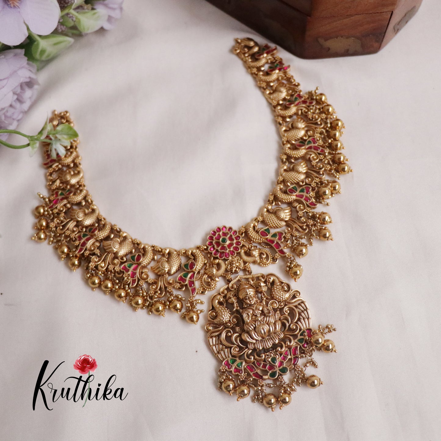 Premium Temple Lakshmi Jadau Necklace with Beads Drops NC2170 (Available in 2 Colours)