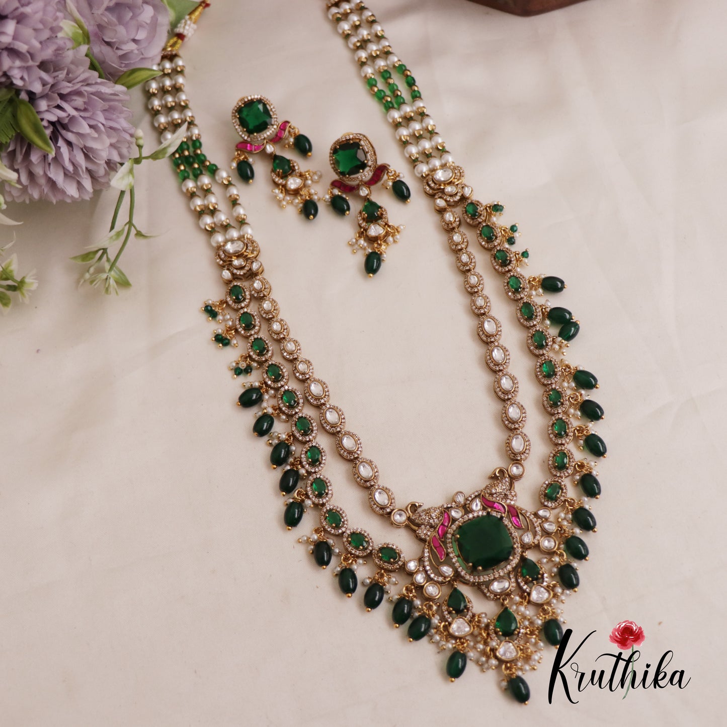 Gorgeous AD Peacock Multi Layer Victorian Haaram With Bead And Pearl Drops LH2023