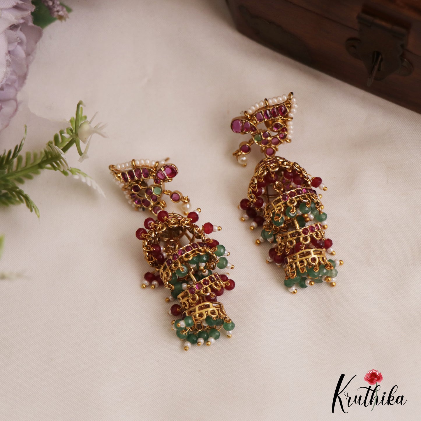 Gorgeous Peacock Motifs Kemp Jhumkas With Pearl Bead Drops E1109