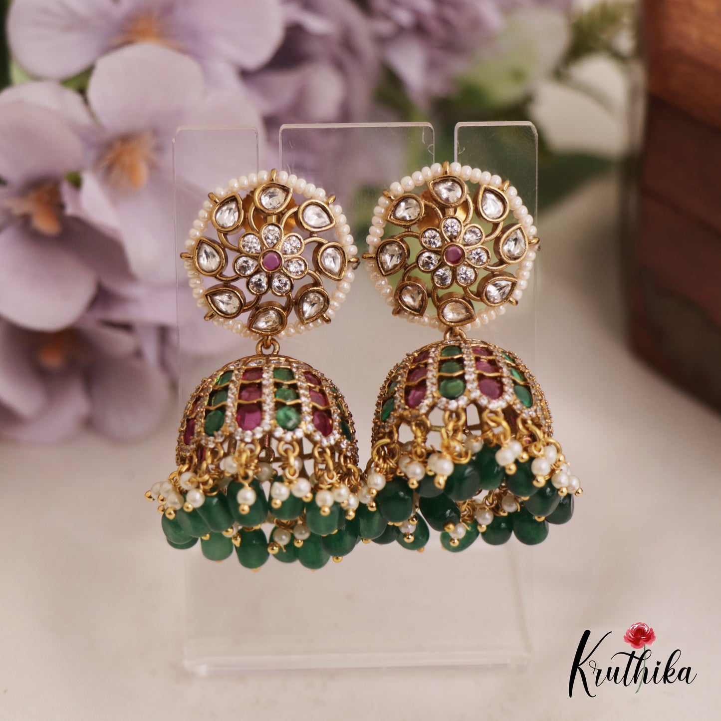 Sparkling Pearl Border Floral Motifs Jhumka With Bead Drops E986 (Available In 2 Colors)