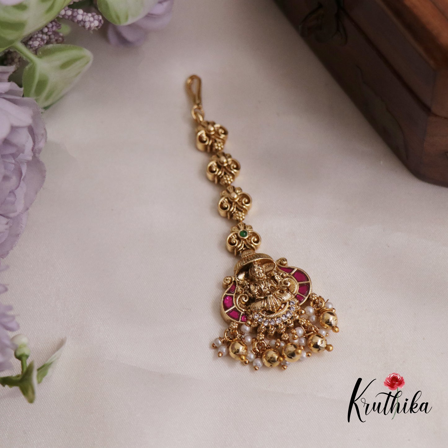 Classic Jadau Antique Lakshmi Maang Tikka With Pearl Drops MT303