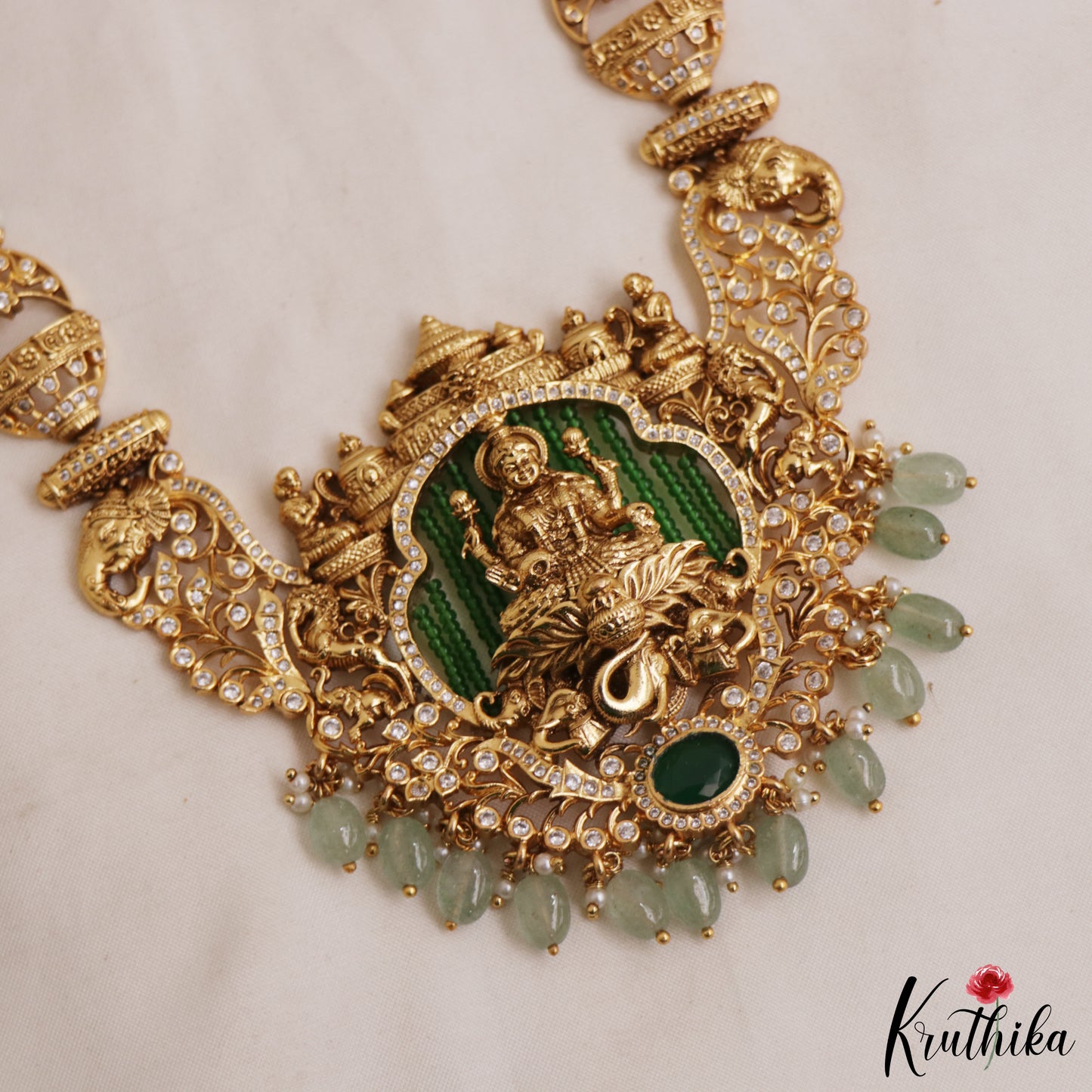 Premium Antique Lakshmi Motifs CZ Haaram With Mint Green Drops LH2105