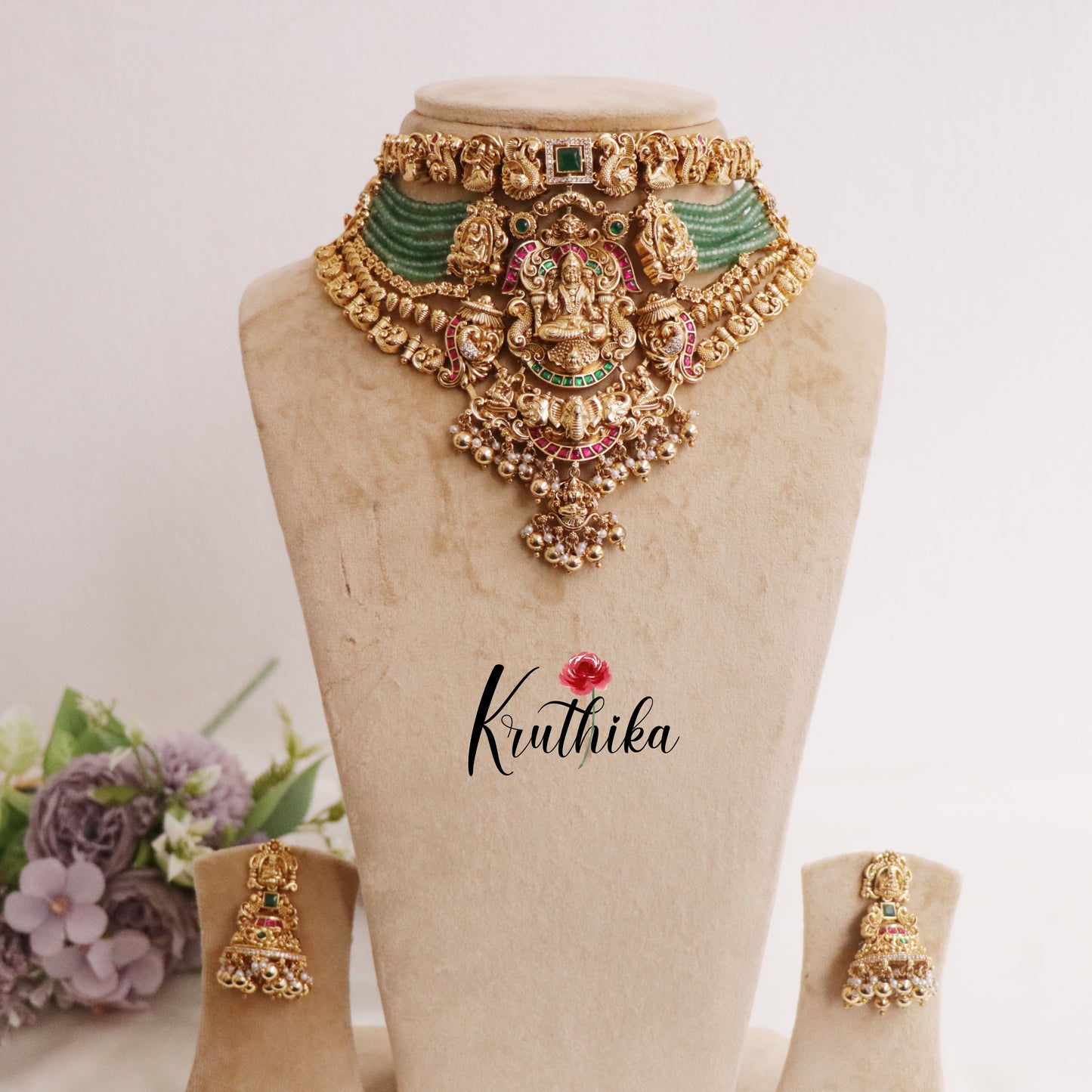 Grand Temple Lakshmi Jadau Choker with Golden Beads NC2290