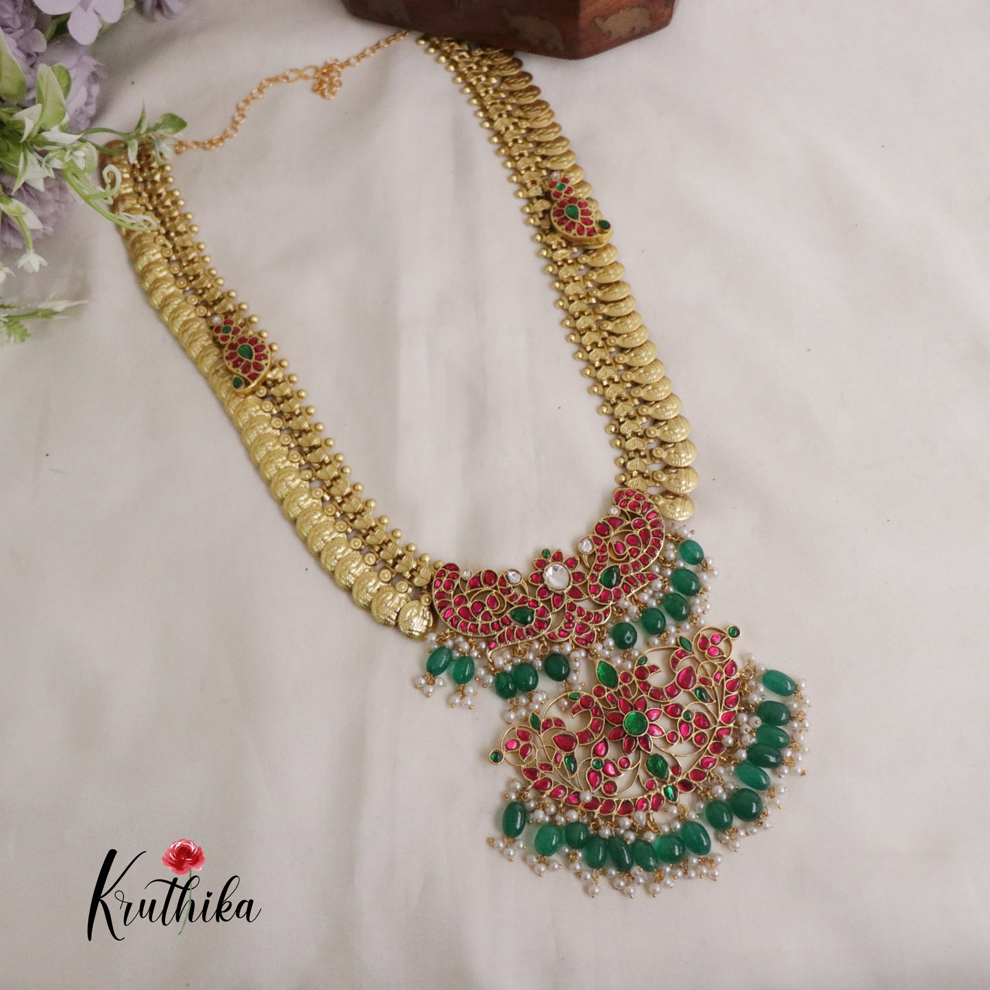 Pre order-Royal Peacock Antique Jadau Kasu Haram with Pearl Drops LH1930-Pre order 20 to 25 days (Available in Colours)