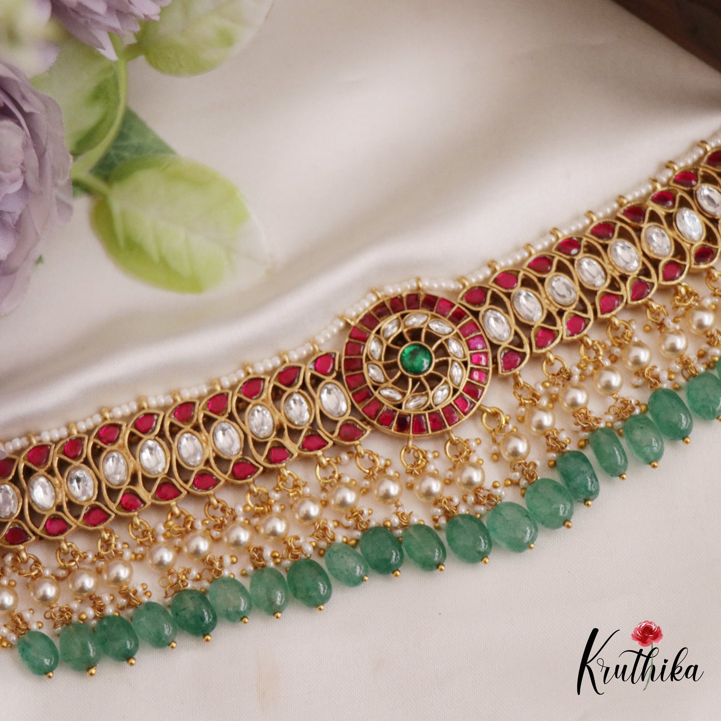 Stunning Floral Jadau Choker With Pearl And Bead Drops NC2687