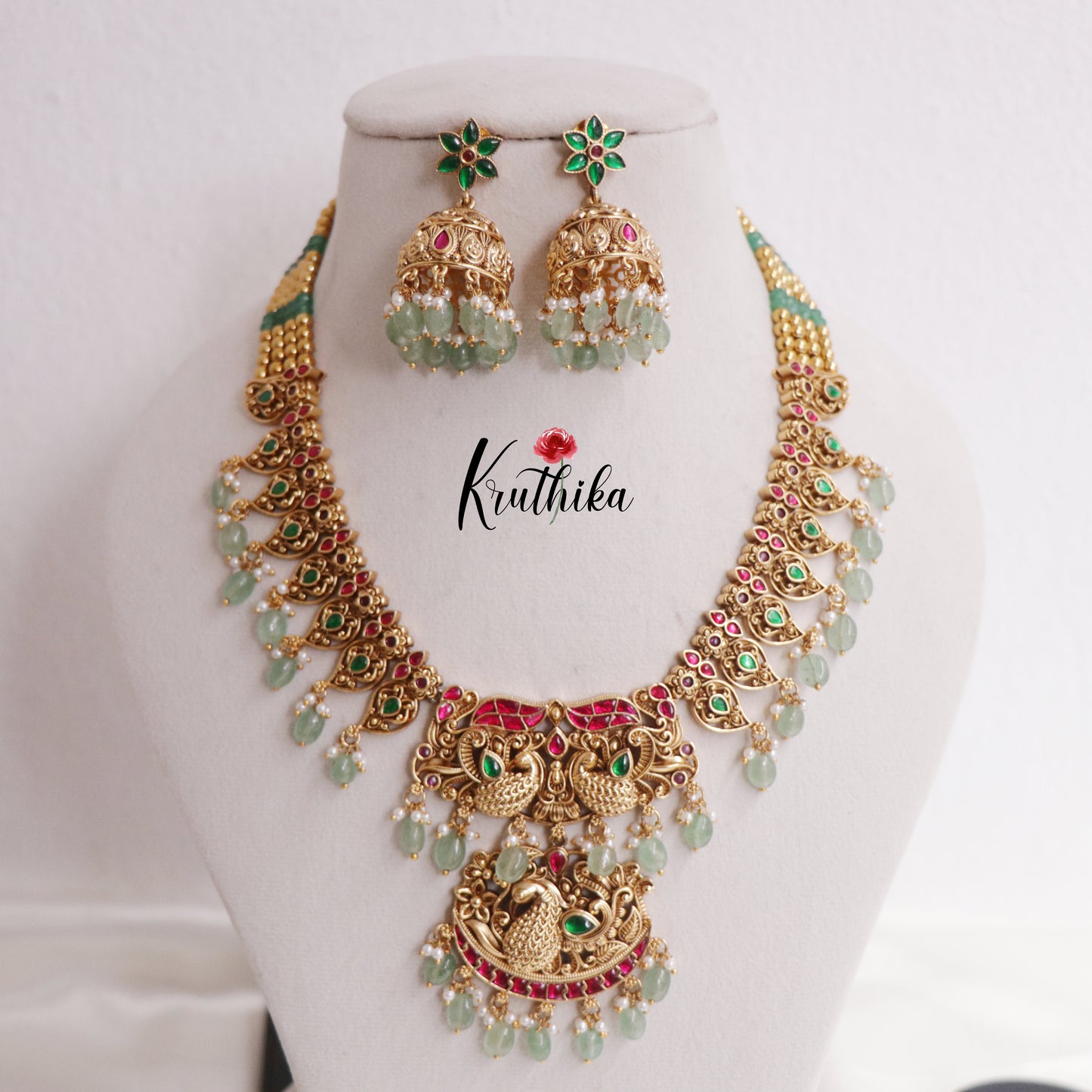 Elegant AD Peacock Jadau Necklace with Pastel Green Beads Drops NC2361