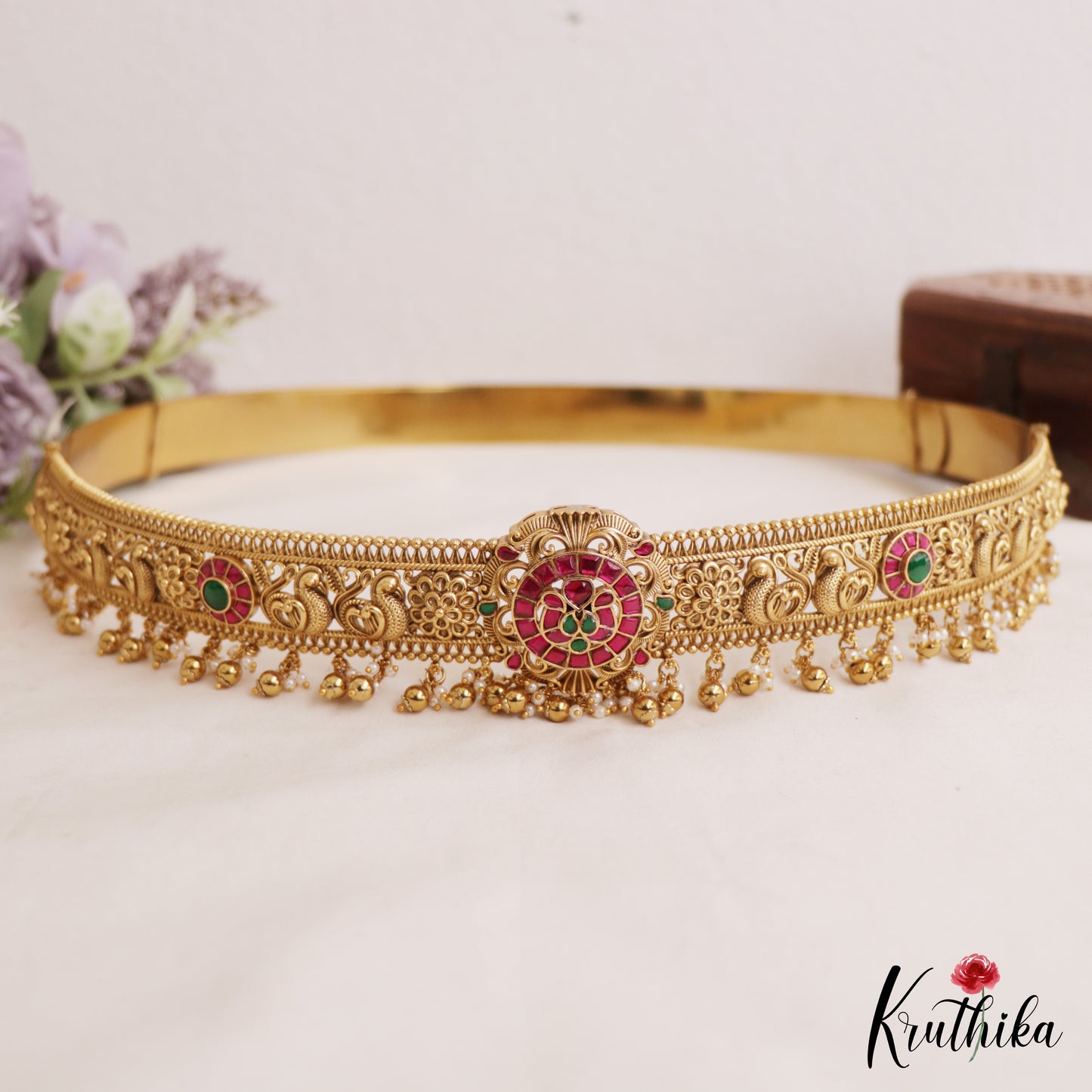 Stunning Antique Floral Peacock Motifs Kemp Hip Belt With Golden Bead Drops V355 (Available In 2 Colors)