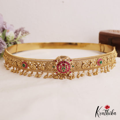 Stunning Antique Floral Peacock Motifs Kemp Hip Belt With Golden Bead Drops V355 (Available In 2 Colors)