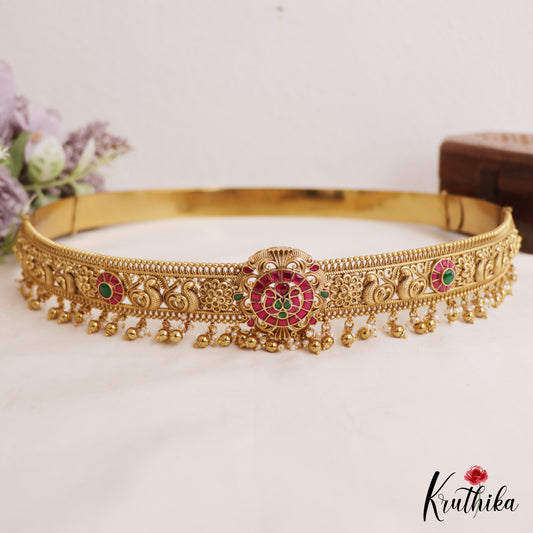 Stunning Antique Floral Peacock Motifs Kemp Hip Belt With Golden Bead Drops V355 (Available In 2 Colors)
