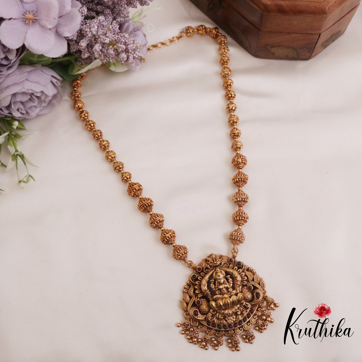 Trendy Temple Lakshmi Pendant Necklace with Golden Beads Drops NC2324