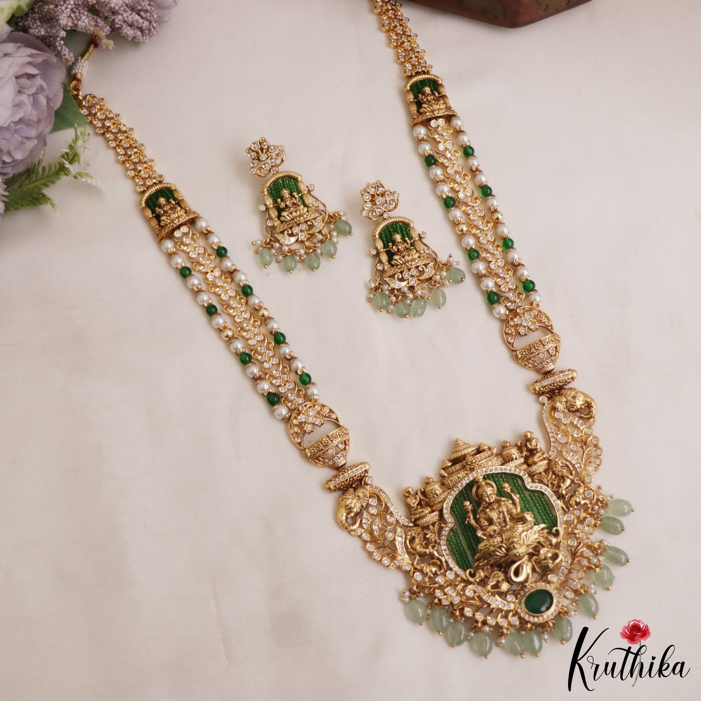 Premium Antique Lakshmi Motifs CZ Haaram With Mint Green Drops LH2105