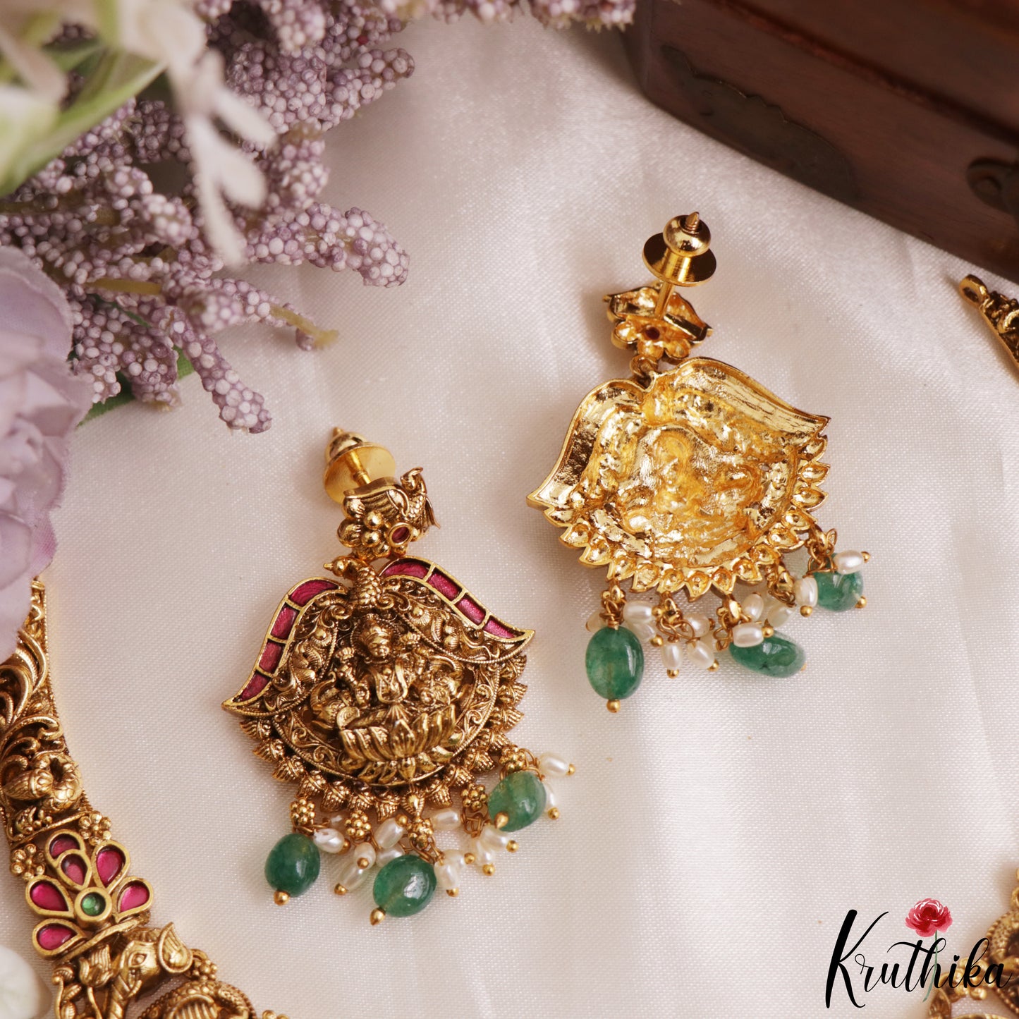 Stunning Antique Nagas Lakshmi Peacock Motifs Jadau Necklace With Green Bead Drops NC3176