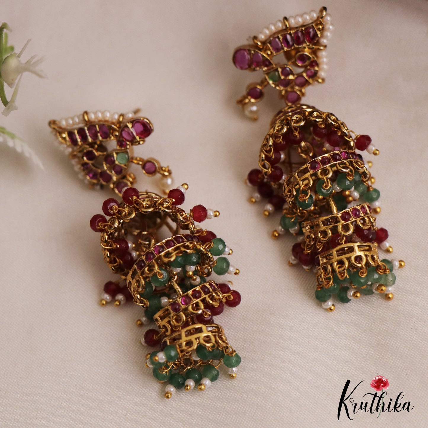 Gorgeous Peacock Motifs Kemp Jhumkas With Pearl Bead Drops E1109