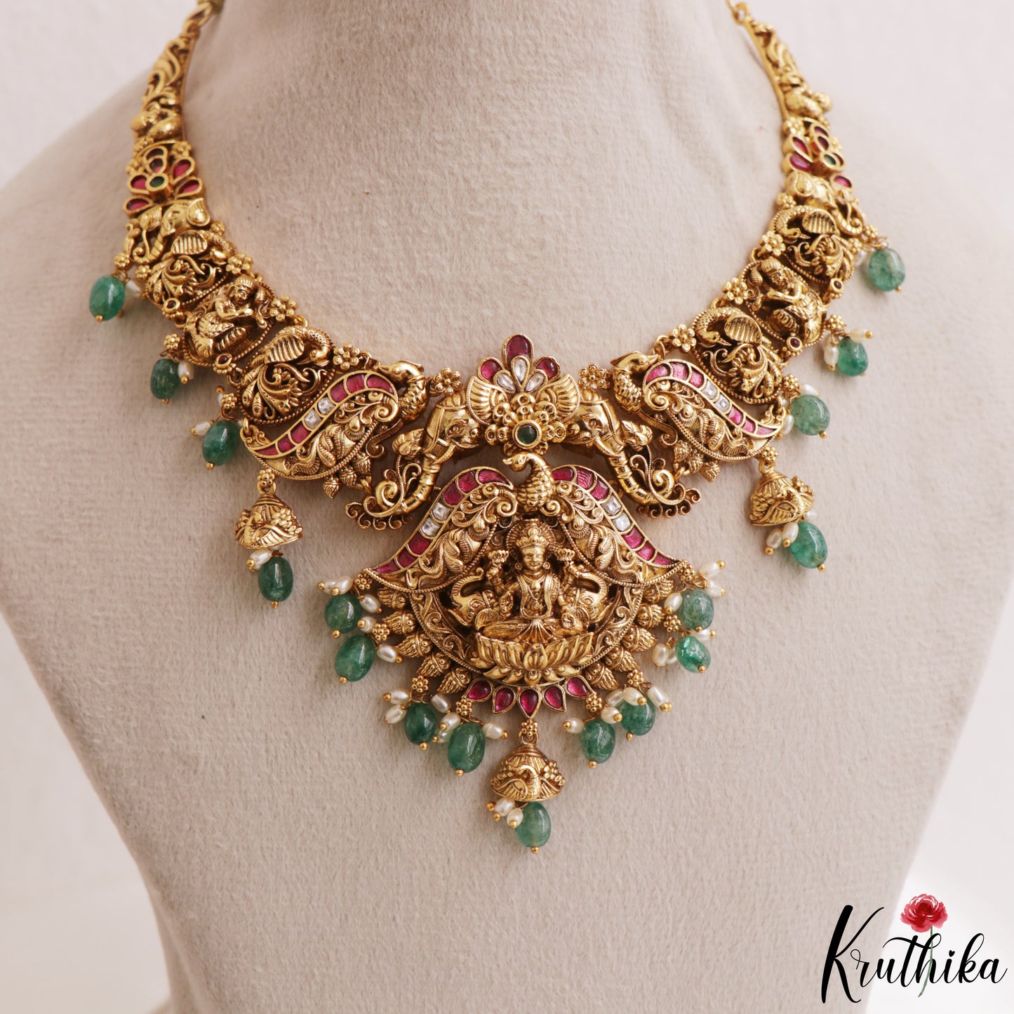 Stunning Antique Nagas Lakshmi Peacock Motifs Jadau Necklace With Green Bead Drops NC3176