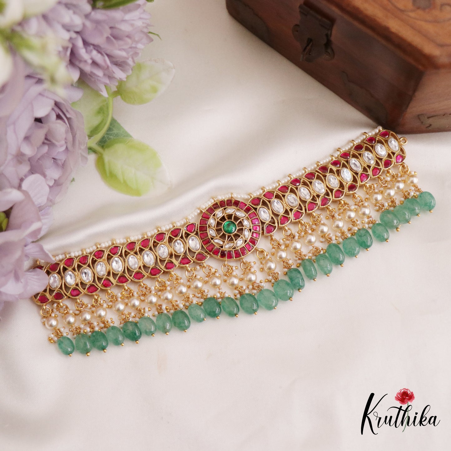 Stunning Floral Jadau Choker With Pearl And Bead Drops NC2687